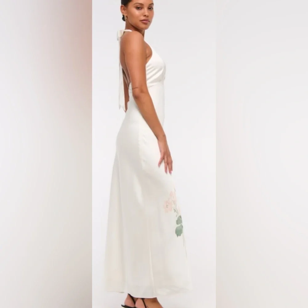 A&F Julia Slip Halter Maxi Dress: White Satin w/ Pale Pink Flowers/Size Petite L